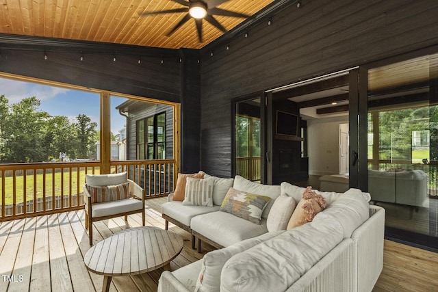 1141 Duke Farm Dr, Wake Forest, NC 27587 - wooden terrace with an outdoor living space and a ceiling fan