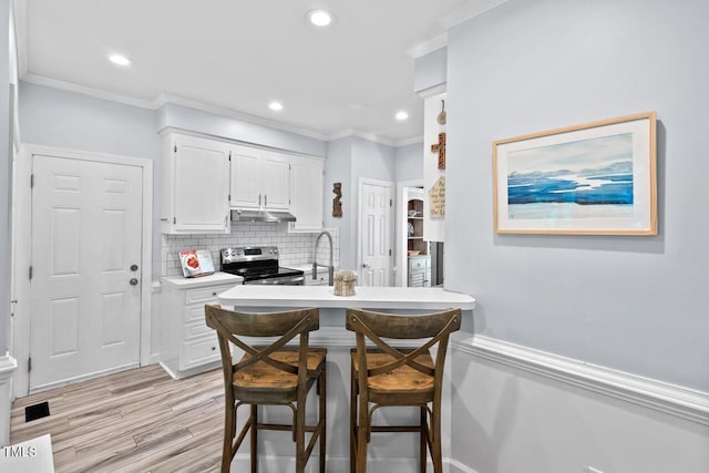 19 Knightsbridge Ct, Durham, NC 27707 - kitchen with electric range, under cabinet range hood, crown molding, white cabinets, and light countertops