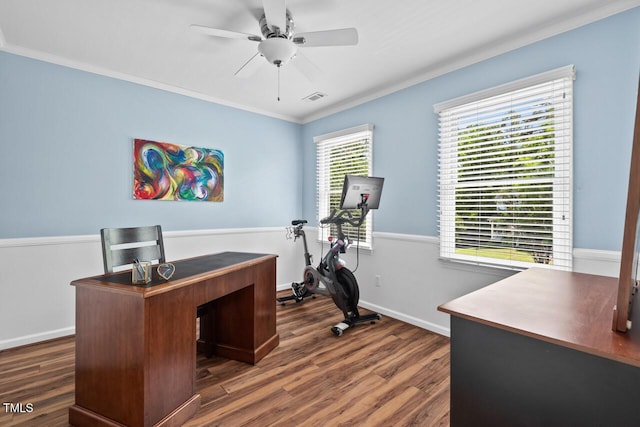 19 Knightsbridge Ct, Durham, NC 27707 - office with dark wood-style flooring, a ceiling fan, crown molding, and baseboards