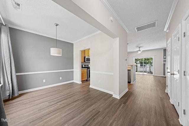 1003 Crimson Dr, Durham, NC 27713 - unfurnished living room with dark wood-style floors, ornamental molding, baseboards, and ceiling fan