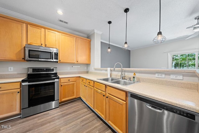 1003 Crimson Dr, Durham, NC 27713 - kitchen featuring appliances with stainless steel finishes, a sink, crown molding, light wood finished floors, and light countertops