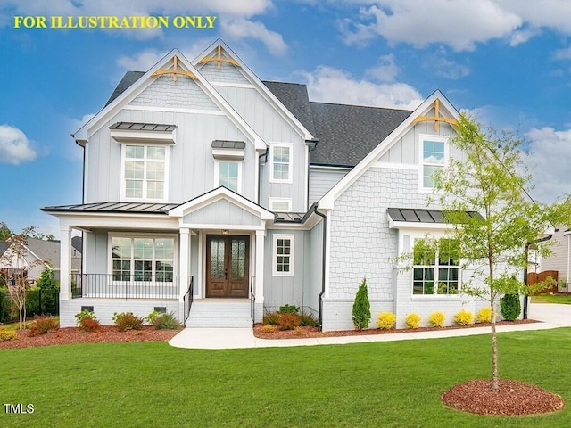 modern farmhouse featuring a standing seam roof, french doors, board and batten siding, a shingled roof, and a front lawn