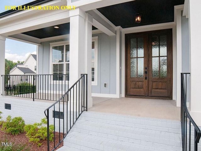 entrance to property with french doors, covered porch, and board and batten siding
