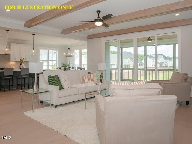 living room featuring beamed ceiling, a ceiling fan, light wood-style flooring, recessed lighting, and a chandelier