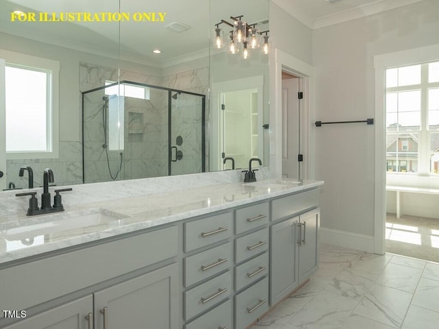 bathroom with ornamental molding, a marble finish shower, marble look tiles, and double vanity