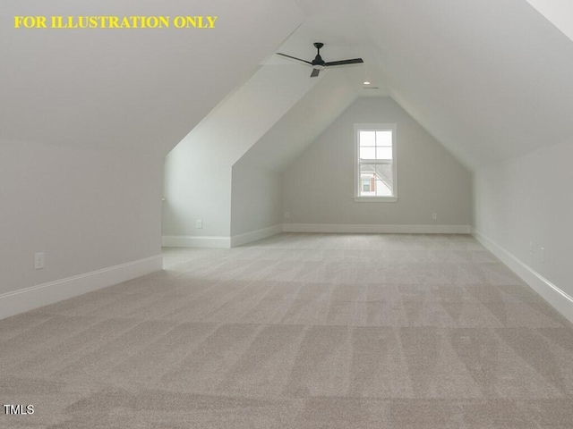 bonus room featuring light carpet, vaulted ceiling, baseboards, and ceiling fan