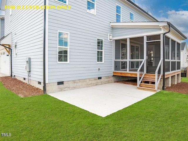 rear view of house with crawl space, a patio, a sunroom, and a yard