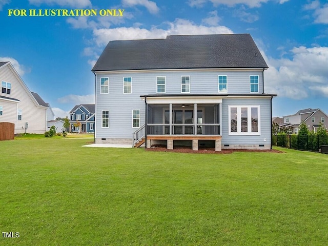 rear view of property with crawl space, a lawn, and a sunroom