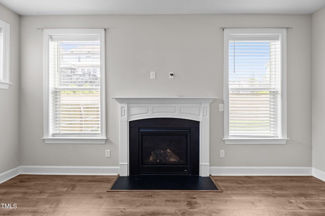 6624 Vestal St, Wake Forest, NC 27587 - detailed view of wood finished floors, a fireplace with flush hearth, and baseboards