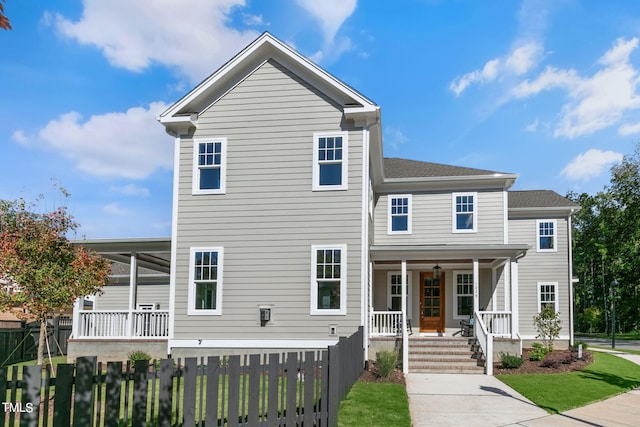 1029 Whitehall Cir, Durham, NC 27713 - view of front of property with covered porch, a fenced front yard, and a shingled roof