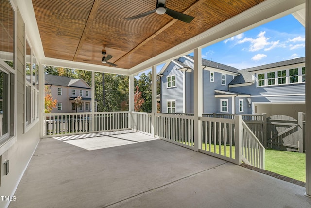 1029 Whitehall Cir, Durham, NC 27713 - view of patio / terrace featuring ceiling fan, a gate, and a residential view
