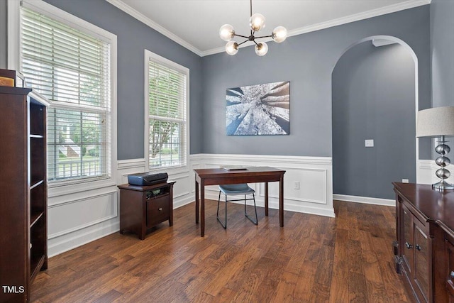213 Preatonwood Dr, Apex, NC 27539 - office area featuring dark wood-style flooring, arched walkways, ornamental molding, a chandelier, and wainscoting