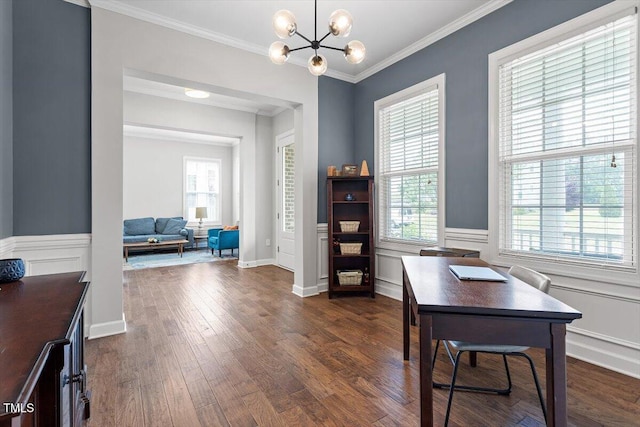 213 Preatonwood Dr, Apex, NC 27539 - office featuring ornamental molding, dark wood finished floors, plenty of natural light, a chandelier, and wainscoting