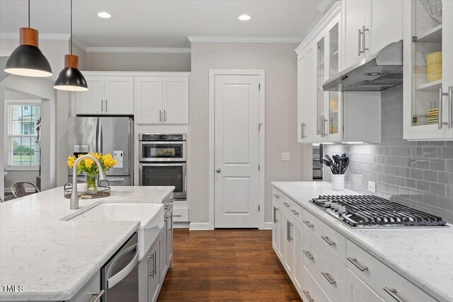 213 Preatonwood Dr, Apex, NC 27539 - kitchen featuring appliances with stainless steel finishes, under cabinet range hood, white cabinetry, light stone countertops, and crown molding