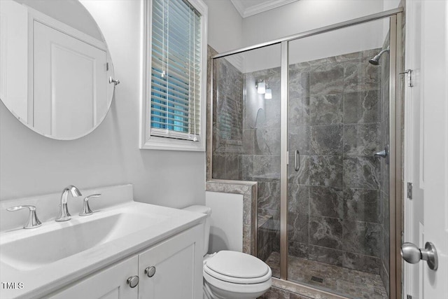 213 Preatonwood Dr, Apex, NC 27539 - bathroom featuring vanity, toilet, a stall shower, and crown molding