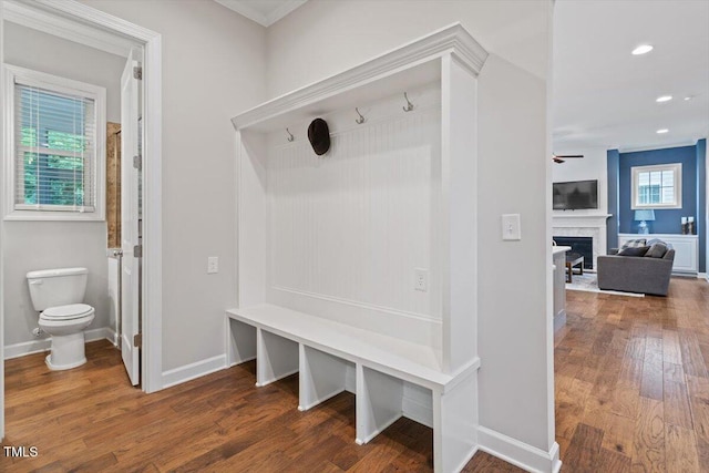 213 Preatonwood Dr, Apex, NC 27539 - mudroom featuring dark wood-type flooring, a fireplace, baseboards, ceiling fan, and recessed lighting