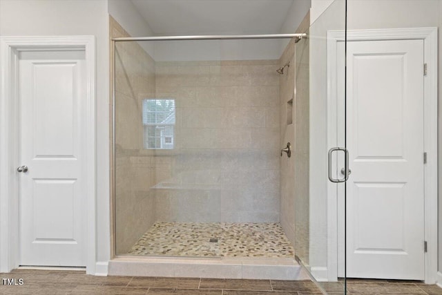 213 Preatonwood Dr, Apex, NC 27539 - bathroom featuring a shower stall and wood finished floors