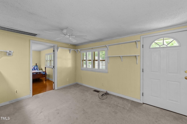 205 W Oak Ave, Wake Forest, NC 27587 - foyer with ceiling fan, a textured ceiling, healthy amount of natural light, carpet flooring, and baseboards