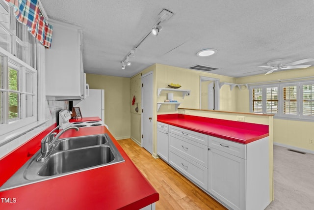 205 W Oak Ave, Wake Forest, NC 27587 - kitchen with a sink, range with electric stovetop, a textured ceiling, white cabinetry, and freestanding refrigerator