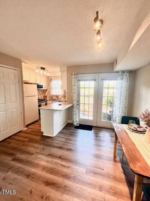 141 Jones Franklin Rd Unit G, Raleigh, NC 27606 - kitchen featuring freestanding refrigerator, a peninsula, dark wood-style flooring, white cabinetry, and light countertops
