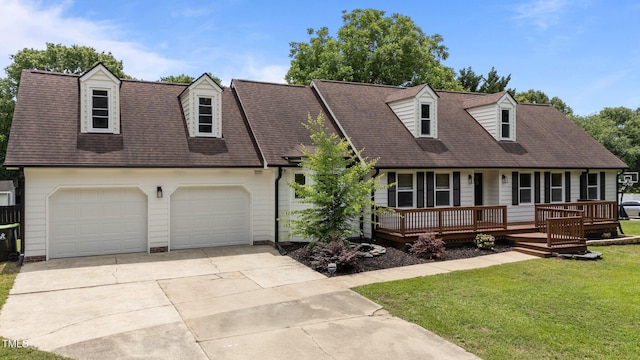 4259 Old Faison Rd, Knightdale, NC 27545 - cape cod house featuring concrete driveway, a front lawn, a garage, a porch, and a shingled roof