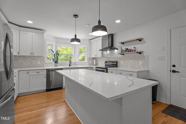 4259 Old Faison Rd, Knightdale, NC 27545 - kitchen with wall chimney exhaust hood, stainless steel appliances, a sink, recessed lighting, and tasteful backsplash