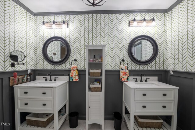 5514 Oldtowne Rd, Raleigh, NC 27612 - bathroom featuring wallpapered walls, two vanities, and a decorative wall