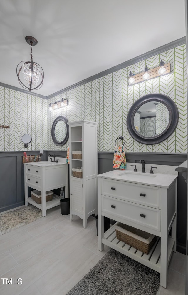 5514 Oldtowne Rd, Raleigh, NC 27612 - full bath featuring wallpapered walls and two vanities