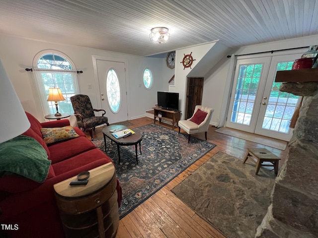 358 Pool Rock Shores Ln, Henderson, NC 27537 - living room featuring healthy amount of natural light, wood-type flooring, french doors, and wood ceiling