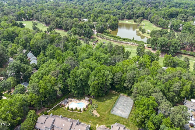 2205 Landings Way, Raleigh, NC 27615 - aerial view of property and surrounding area with a nearby body of water, a heavily wooded area, and a local golf course