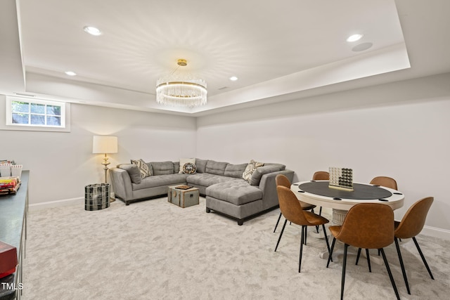 129 Ruskin Dr, Chapel Hill, NC 27516 - living area featuring light colored carpet, a raised ceiling, baseboards, and recessed lighting
