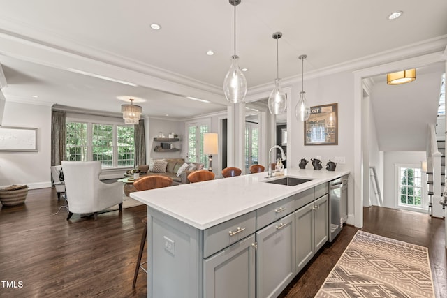 129 Ruskin Dr, Chapel Hill, NC 27516 - kitchen featuring a sink, gray cabinetry, dishwasher, crown molding, and open floor plan