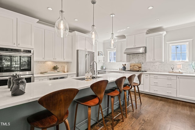 129 Ruskin Dr, Chapel Hill, NC 27516 - kitchen with stainless steel appliances, under cabinet range hood, a sink, backsplash, and crown molding
