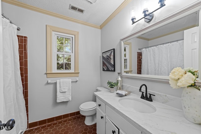 2840 Mattlyn Ct, Raleigh, NC 27613 - full bathroom featuring vanity, toilet, a textured ceiling, curtained shower, and ornamental molding