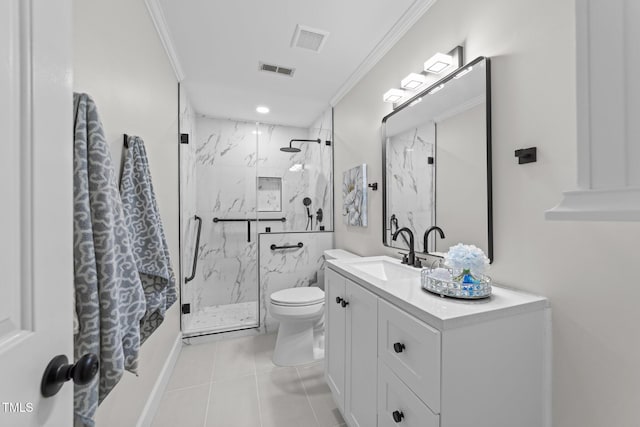2840 Mattlyn Ct, Raleigh, NC 27613 - bathroom featuring ornamental molding, toilet, a marble finish shower, vanity, and tile patterned floors