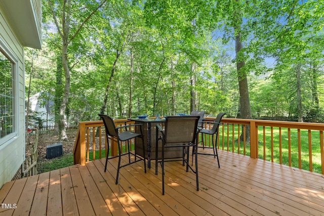 2840 Mattlyn Ct, Raleigh, NC 27613 - wooden terrace featuring outdoor dining space and view of wooded area