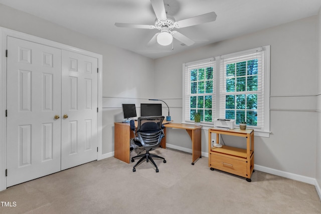 2125 Oakcrest Ct, Raleigh, NC 27612 - office area featuring baseboards, light colored carpet, and ceiling fan