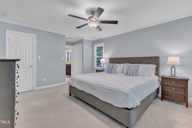 2125 Oakcrest Ct, Raleigh, NC 27612 - bedroom featuring light carpet, ornamental molding, baseboards, ensuite bath, and ceiling fan