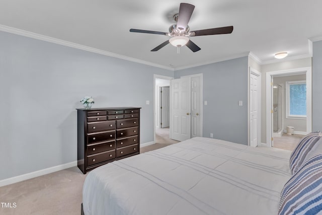2125 Oakcrest Ct, Raleigh, NC 27612 - bedroom featuring light colored carpet, crown molding, baseboards, and ceiling fan