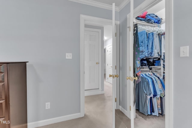 2125 Oakcrest Ct, Raleigh, NC 27612 - bedroom featuring light colored carpet, crown molding, and baseboards
