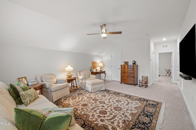 1010 Sandbar Ln, Durham, NC 27703 - living room with carpet flooring, ceiling fan, baseboards, and lofted ceiling