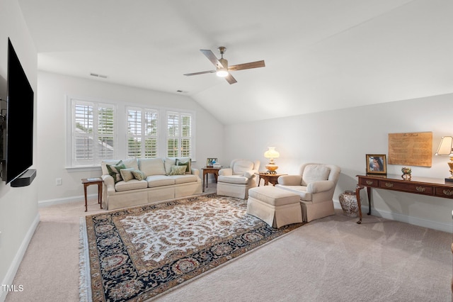 1010 Sandbar Ln, Durham, NC 27703 - living room with carpet, ceiling fan, vaulted ceiling, and baseboards