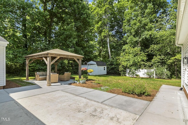 418 S W St, Cary, NC 27511 - view of patio with a gazebo, an outdoor living space, and view of scattered trees