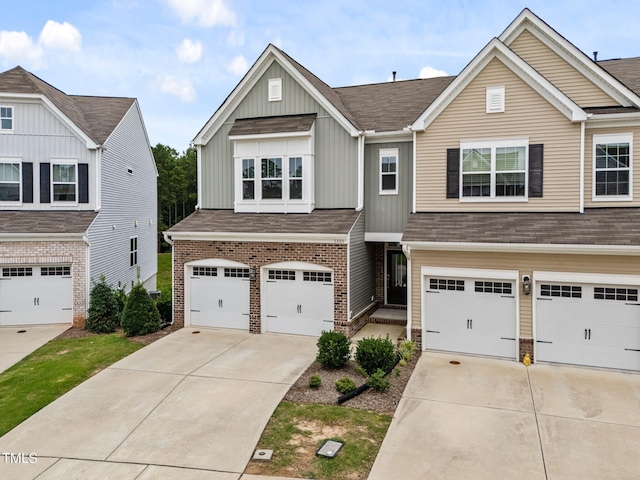1151 Epiphany Rd, Morrisville, NC 27560 - craftsman house featuring driveway, brick siding, an attached garage, board and batten siding, and a shingled roof