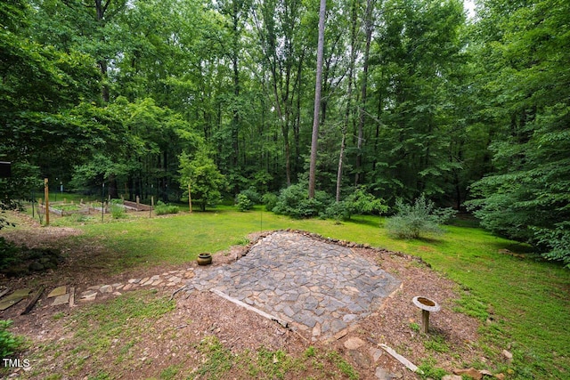 106 Redbud, Pittsboro, NC 27312 - view of grassy yard featuring a vegetable garden, a patio, and a wooded view