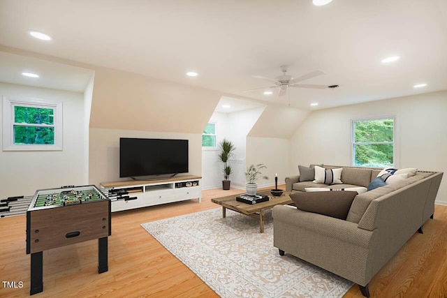 106 Redbud, Pittsboro, NC 27312 - living area featuring a ceiling fan, light wood finished floors, recessed lighting, baseboards, and vaulted ceiling