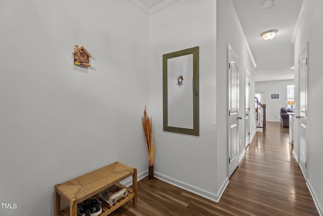 506 Oak Forest View Ln, Wake Forest, NC 27587 - hallway featuring crown molding, dark wood-style floors, and baseboards