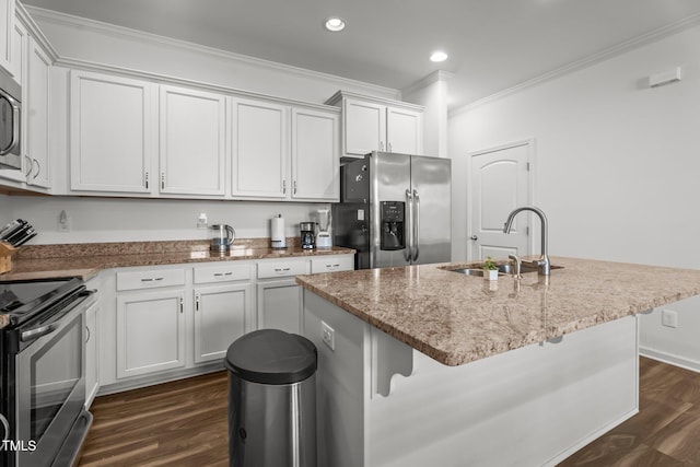 506 Oak Forest View Ln, Wake Forest, NC 27587 - kitchen featuring stainless steel appliances, a sink, ornamental molding, dark wood-style floors, and light stone counters