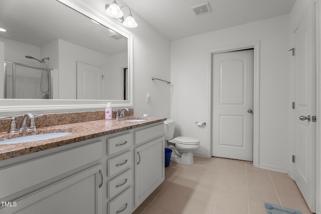 506 Oak Forest View Ln, Wake Forest, NC 27587 - full bath with double vanity, a shower stall, tile patterned floors, and toilet