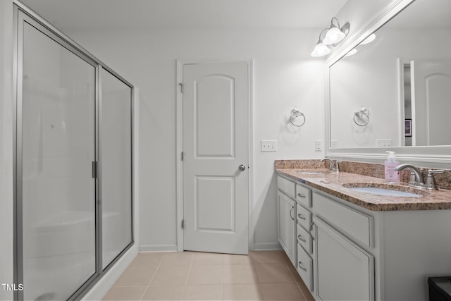 506 Oak Forest View Ln, Wake Forest, NC 27587 - bathroom featuring a shower stall, tile patterned floors, double vanity, and baseboards